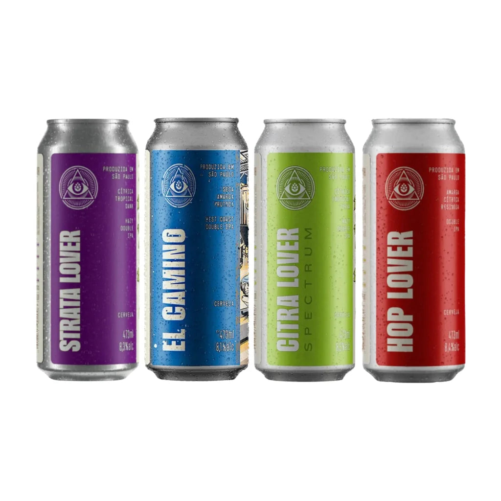 Latas de 473 ml da Cervejaria Dogma, de São Paulo, com rótulos de Double IPA e Hazy IPA