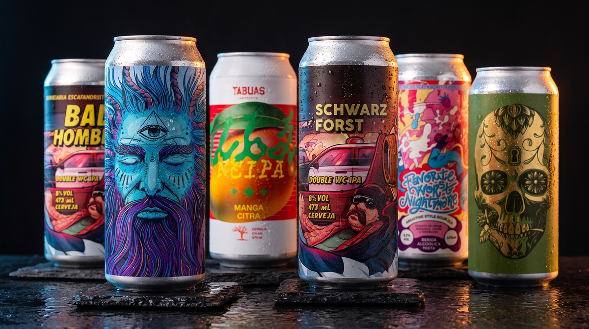 Latas de cerveja artesanal não pasteurizada de 473 ml geladas e cobertas de condensação, em fundo escuro