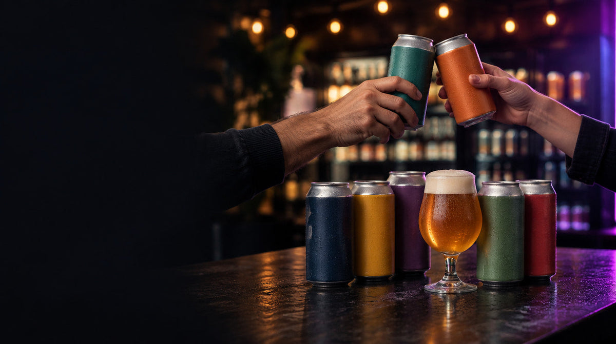 Balcão da loja com latas de cerveja artesanal geladas e um brinde entre clientes — Semana do Cliente