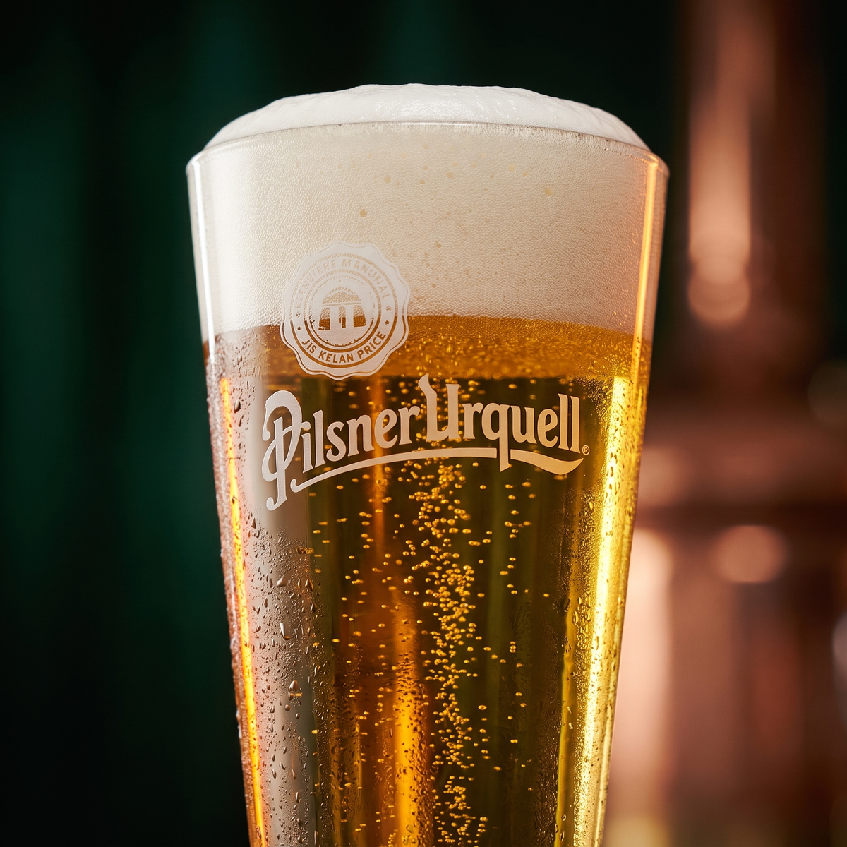 Detalhe macro da taça Pilsner Urquell com colarinho cremoso