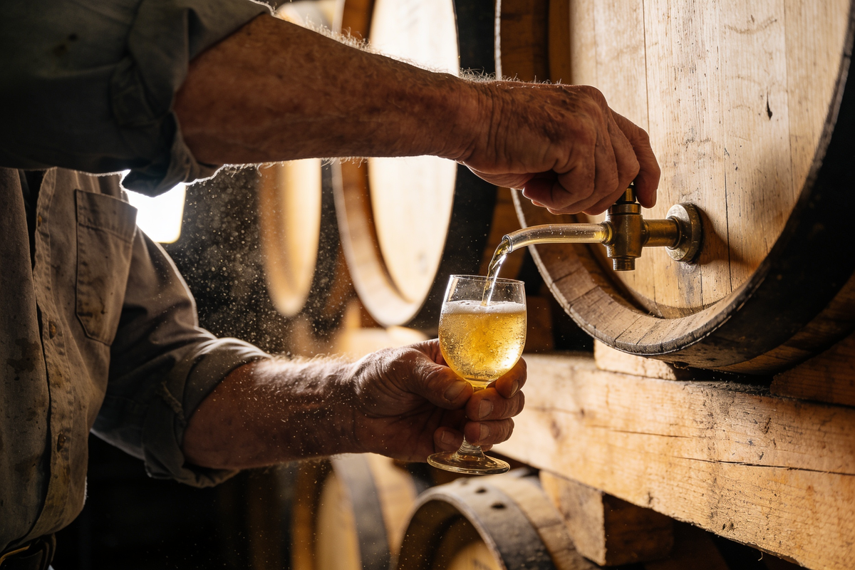 Mãos de um blendeur retirando cerveja de um barril de carvalho direto para a taça