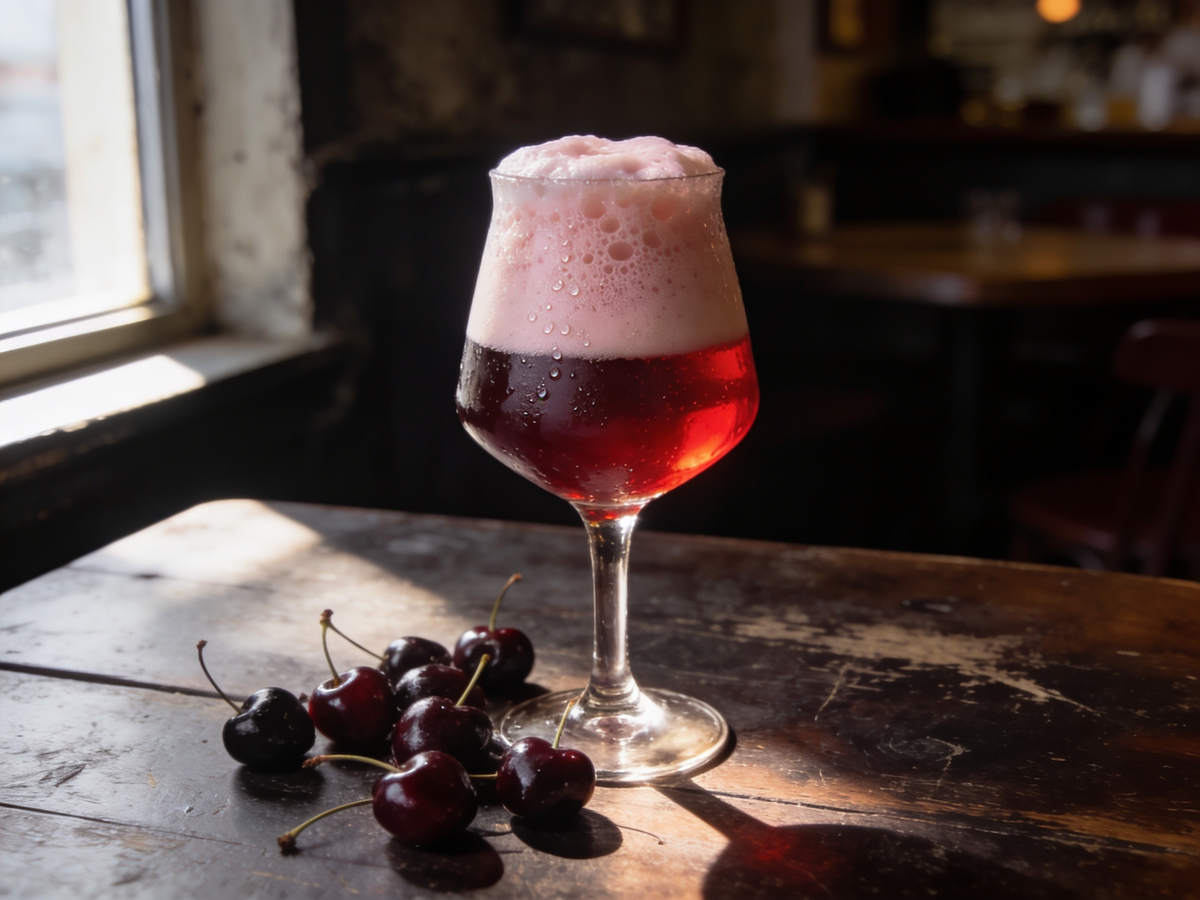 Taça de kriek com cor rubi profunda e espuma rosada densa sobre mesa de madeira escura