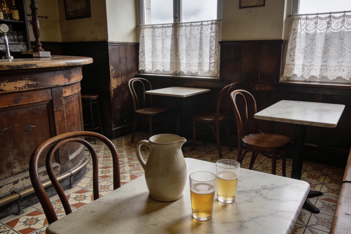 Interior de café tradicional belga com madeira escura, azulejos e jarra de cerveja sobre a mesa